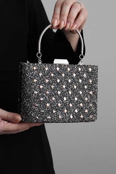 Mimoza Women's Platinum Double-Way Stone Evening Bag with Movable Handle and Chain Strap