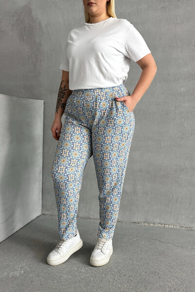 Stil Diva Large Size Patterned Pocket Trousers with Elastic Waist and Legs 303490