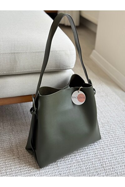 BAGLOVİS Magnetic Closure Khaki Women's Shoulder Bag with Large Oval Buckle Detail