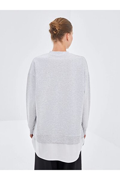 LC Waikiki Lcw Modest Gray Crew Neck Printed Oversize Women's Sweatshirt Tunic