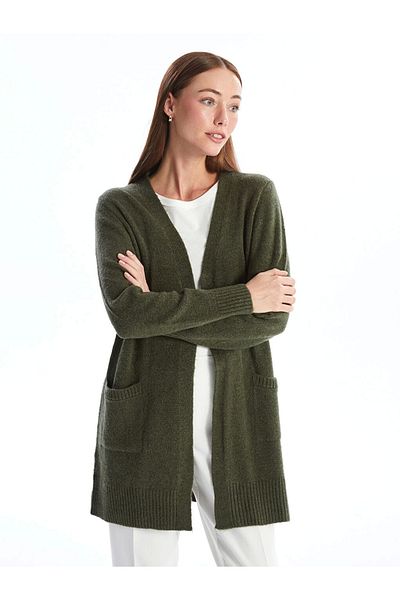 LC Waikiki Lcwaıkı Basic Khaki šálový límec Pevný dámský pletený kardigan s dlouhým rukávem