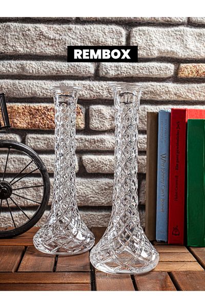 Rembox Σετ 2 Γυάλινα Βάζα - Μινιμαλιστικό Βάζο Τριαντάφυλλο Τριαντάφυλλο με μοτίβο 25 εκ.