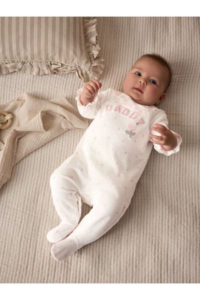 Next Baby 100% Organic Cotton Ecru Floral Print Single Dad Jumpsuit Alye18346