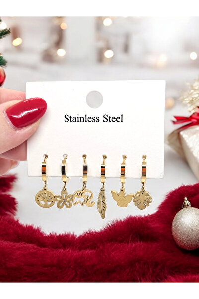 stainless steell 14K Stainless Steel Sallantılı 6'lı Küpe Seti