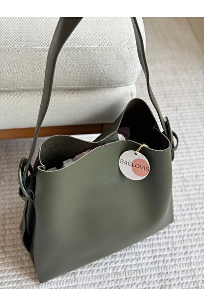 BAGLOVİS Magnetic Closure Khaki Women's Shoulder Bag with Large Oval Buckle Detail