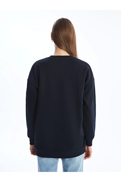 LC Waikiki LCW Modest Lacivert Bisiklet Yaka Baskılı Oversize Kadın Sweatshirt Tunik