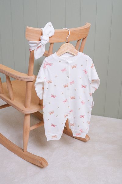 BABYLİM Baby Girl Butterfly Printed Bandana Romper Set 100% Cotton