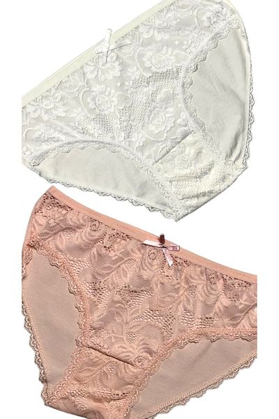 Gizli Butik Pachet de 2 chiloți bikini din dantelă de bumbac pentru femei - Ecru Yavruağzı