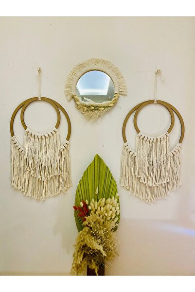 kattuna Bohemian Daisy Mirror and Macrame Wall Decoration Product Set of 3