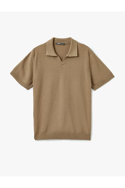 Koton New Season Cotton Linen Blended Polo V-Neck Short Sleeve Knitwear T-Shirt