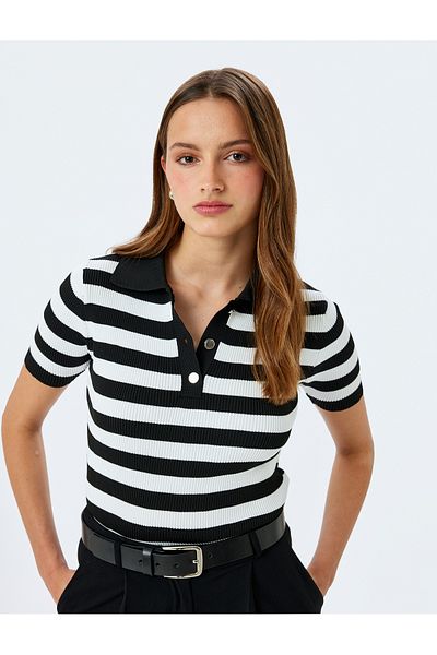 Koton Half button detail short sleeve knit polo neck sweater.