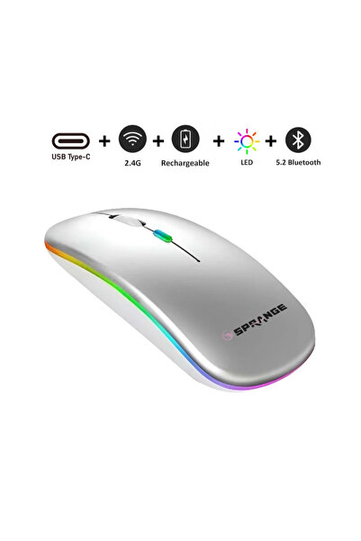 Astakos Kablosuz Fare Wireless Mouse, Bluetooth 5.2, Şarjlı, Ergonomik, Type-c, 800/1200/1600 Dpı, Led Işık