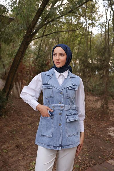 Nefise Denim Four Pocket Belted Vest
