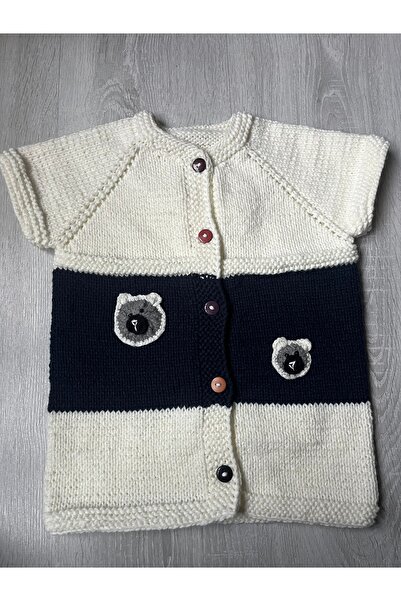 ŞengülKozmetik Baby Boy Vest White Navy Blue Hand Knitted with Teddy Bear