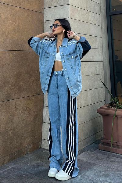 trendalisse Set de blugi de damă Garnish cu dungi laterale Palazzo Bottom Top