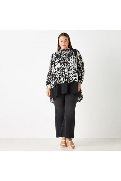 Ulla Popken Layered Look Long Sleeve Collared Blouse