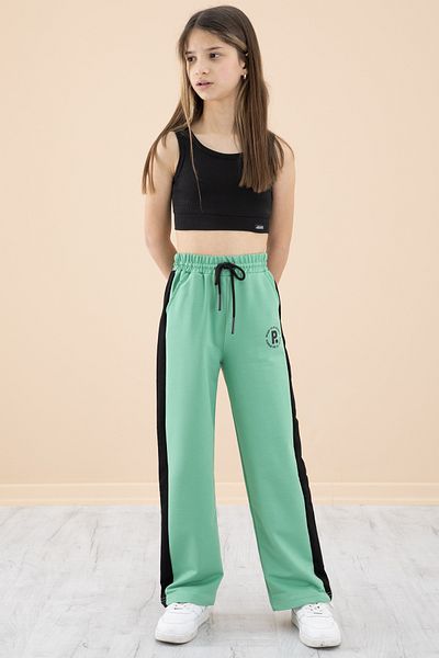 Cansın Mini Green Garnished Wide Leg Girl's Elastic Waist Sweatpants 20193