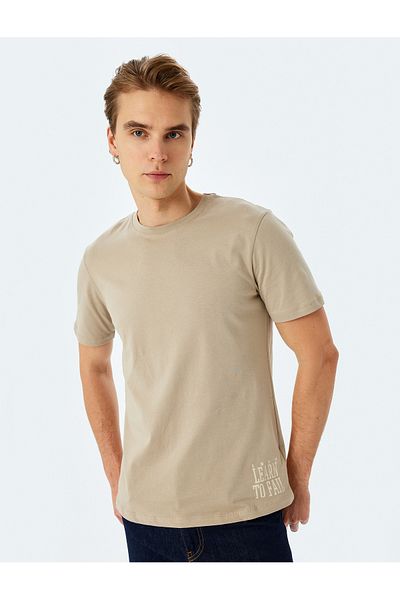 Koton Short Sleeve Cotton Crew Neck Slim Fit Slogan Print T-Shirt