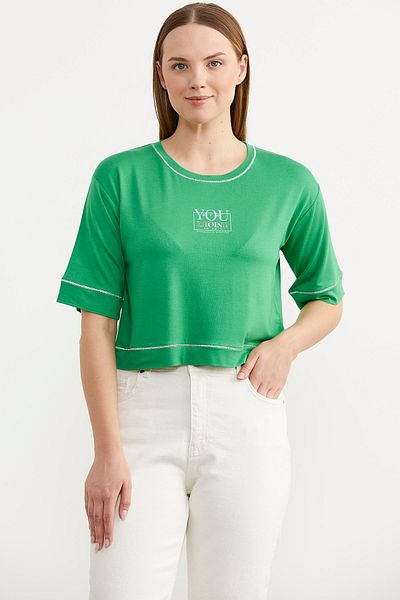 Sementa Μπλουζάκι Oversize Crop με λεπτομέρεια με γκλίτερ - Πράσινο