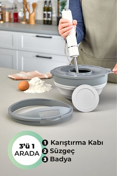 Kitchen Life 3 in 1 Foldable Mixer Mixing Bowl with Strainer, Basin 4 Pieces Kitchen Prep and Dowry Set