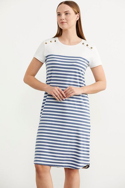 Sementa Rochie din bumbac pieptănat cu dungi cu nasturi - Indigo