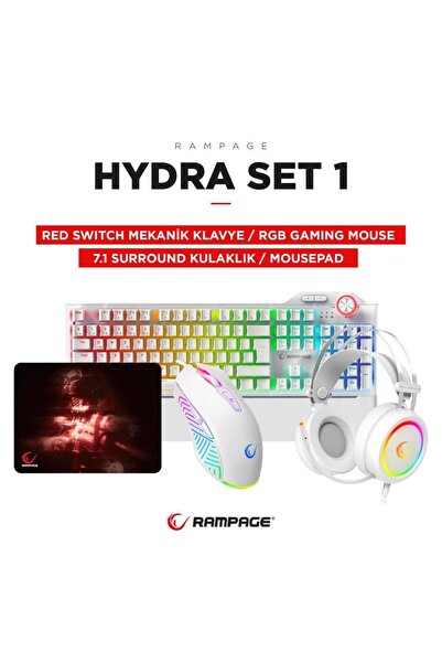 Rampage Hydra R6 Beyaz Red Switch Stormy Beyaz Kulaklık Makrolu Rgb Mouse Mousepad 4lü Oyuncu Set