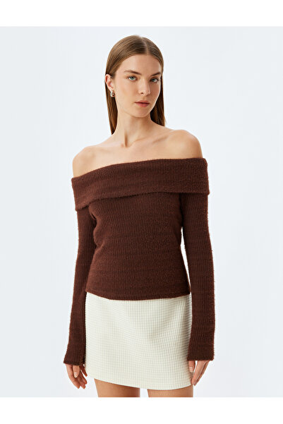 Koton X Sibil Çetinkaya - Slim Fit Uzun Kollu Omzu Açık Peluş Kazak