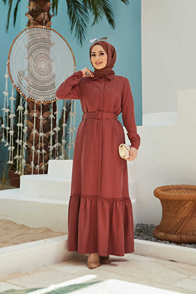 Neways 6561-Denim Kemerli  Elbise Taba