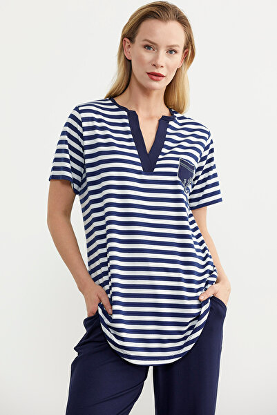 Sementa Navy Blue Comfortable Striped Combed Cotton Set