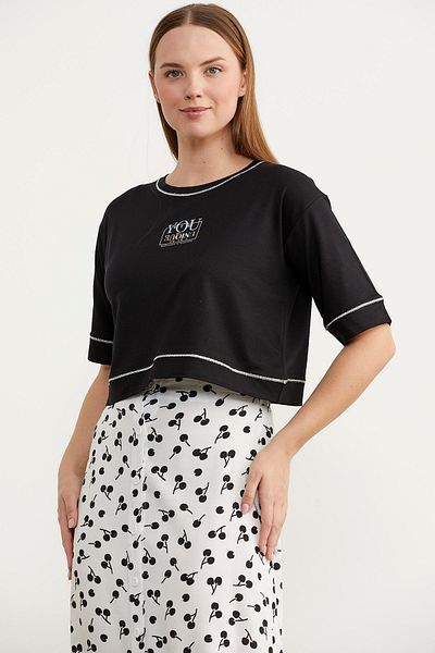 Sementa Μπλουζάκι Oversize Crop με λεπτομέρεια με γκλίτερ - Μαύρο