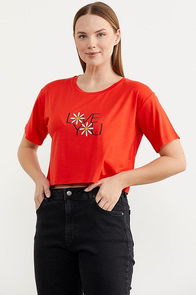 Sementa Tricou crop oversize imprimat - Coral