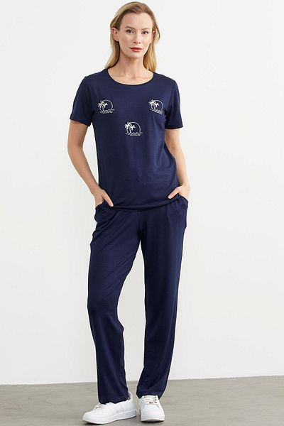 Sementa Navy Blue Palm Embroidered Draped Combed Cotton Set