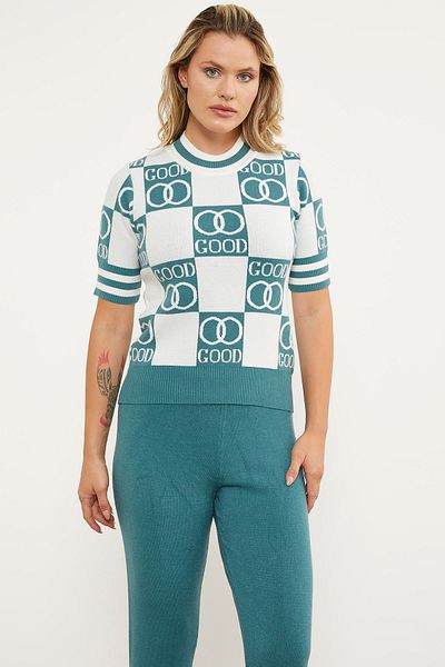 Sementa Patterned Short Sleeve Double Color Knitwear Sweater - Green