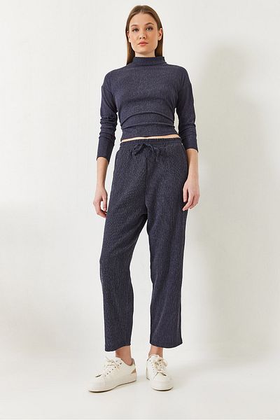 Bianco Lucci Women's Crop Blouse and Elastic Waist Pants Bottom Top Suit 60261363