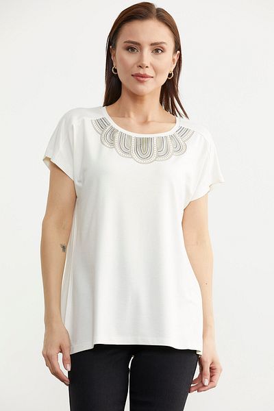 Sementa Ecru Combed Cotton T-Shirt - Collar Detailed and Flowy