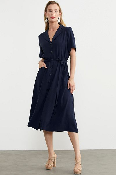 Sementa Rochie cămașă din crep midi bleumarin