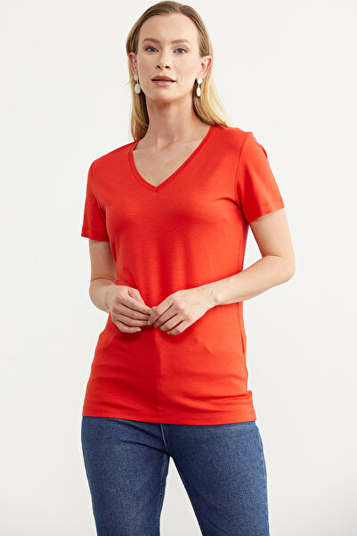 Sementa Coral V-Neck Flowing Basic T-Shirt