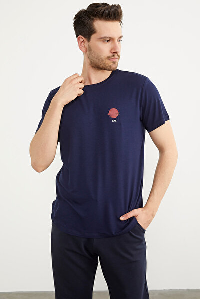 Sementa Εμπριμέ μπλουζάκι με λαιμόκοψη από βαμβακερό χτενισμένο - Navy Blue