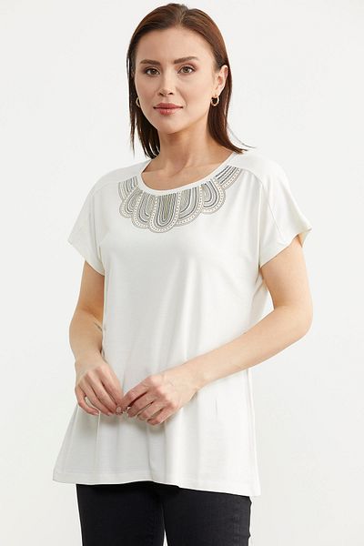 Sementa Ecru Combed Cotton T-Shirt - Collar Detailed and Flowy