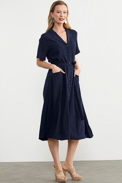 Sementa Rochie cămașă din crep midi bleumarin