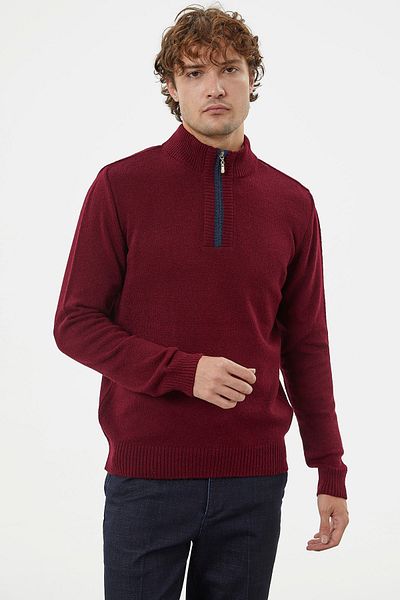 Sementa Stand Collar Zippered Knitwear Sweater - Claret Red