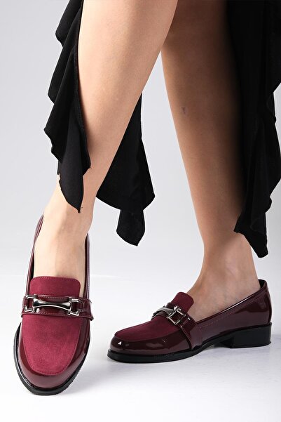 Mio Gusto Bordo Renk Rugan ve Süet Kadın Günlük Oxford Düz Ayakkabı