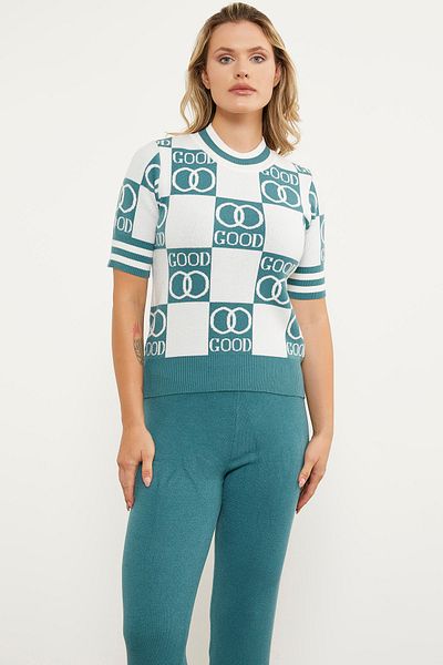 Sementa Patterned Short Sleeve Double Color Knitwear Sweater - Green