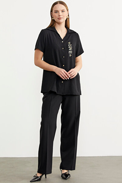 Sementa Nakış Detaylı Kısa Kol Krep Gömlek - Siyah