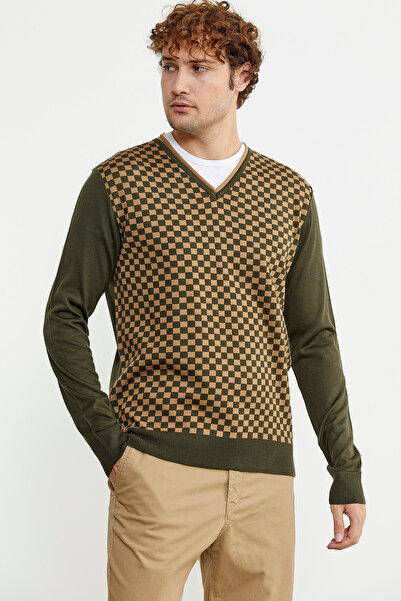 Sementa Хакі трикотажний светр - з квадратним візерунком і вовняним жакардом