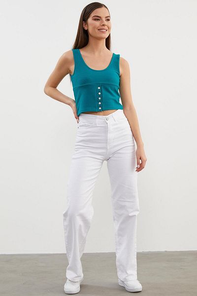 Sementa Tricou crop cu nervuri cu detaliu de nasturi cu bretele - Petrol