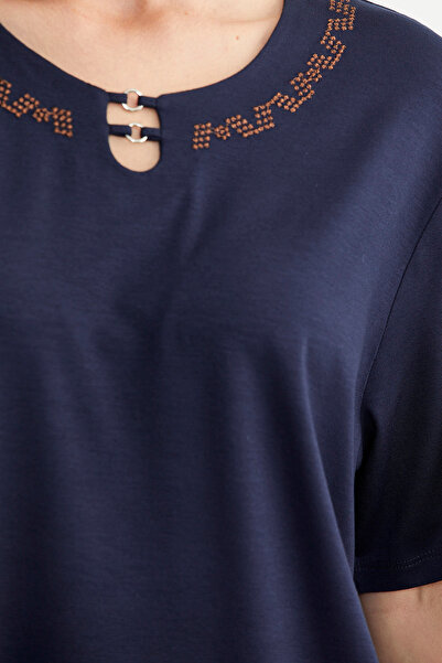 Sementa Navy Blue Embroidery Detailed Large Size T-Shirt