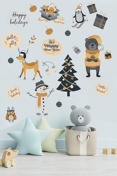 NcK Cute Teddy Bear and Friends Celebrate Christmas Children's Room Sticker