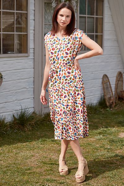 Sementa Multicolored Comfortable Dress with Waist Belt - Ecru