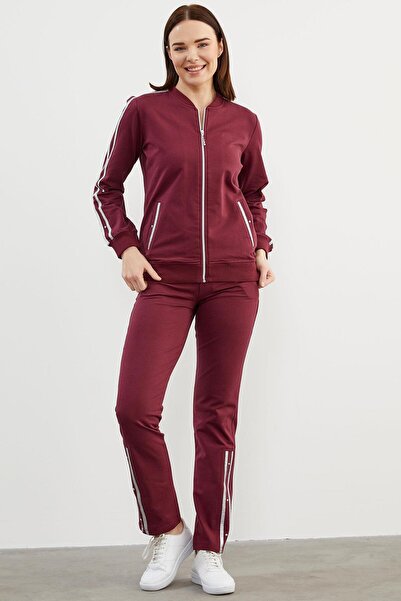Sementa Glitter Stripe Detailed Tracksuit Set - Claret Red
